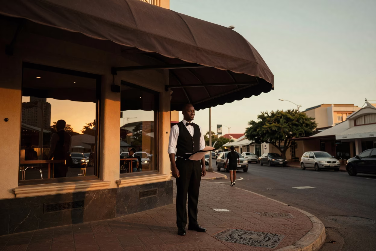Durban South Africa Evening Valet Stand Hotel Awning Reflections High Fashion 1990s in in Durban, South Africa