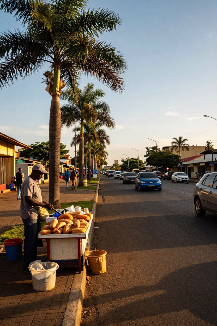 Durban South Africa Golden Hour Palm Avenue Street Scene with Vendors and Traffic in in Durban, South Africa