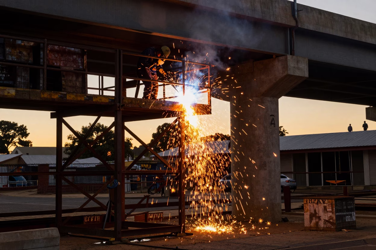 Durban South Africa Golden Hour Street Scene Welding Sparks Under Bridge Construction Platform in in Durban, South Africa