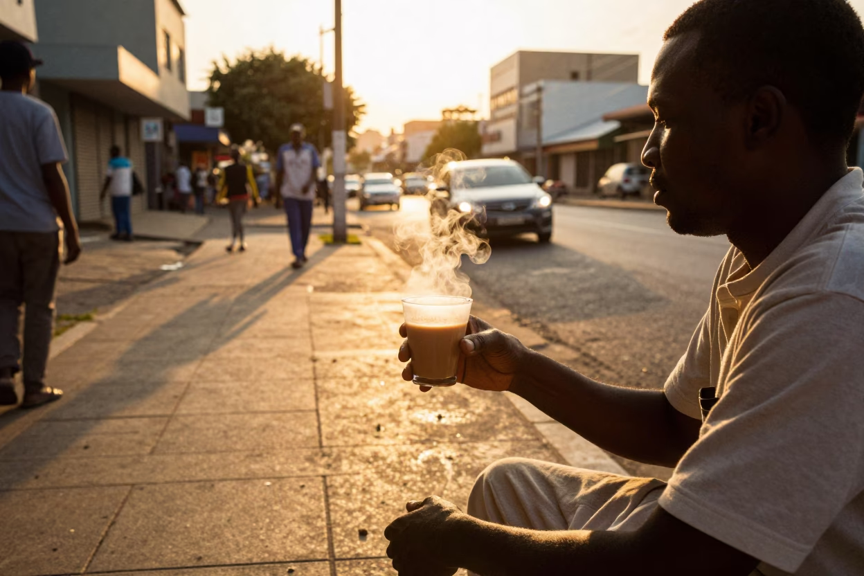 Durban South Africa Golden Hour Street Scene with Chai and Urban Light in in Durban, South Africa