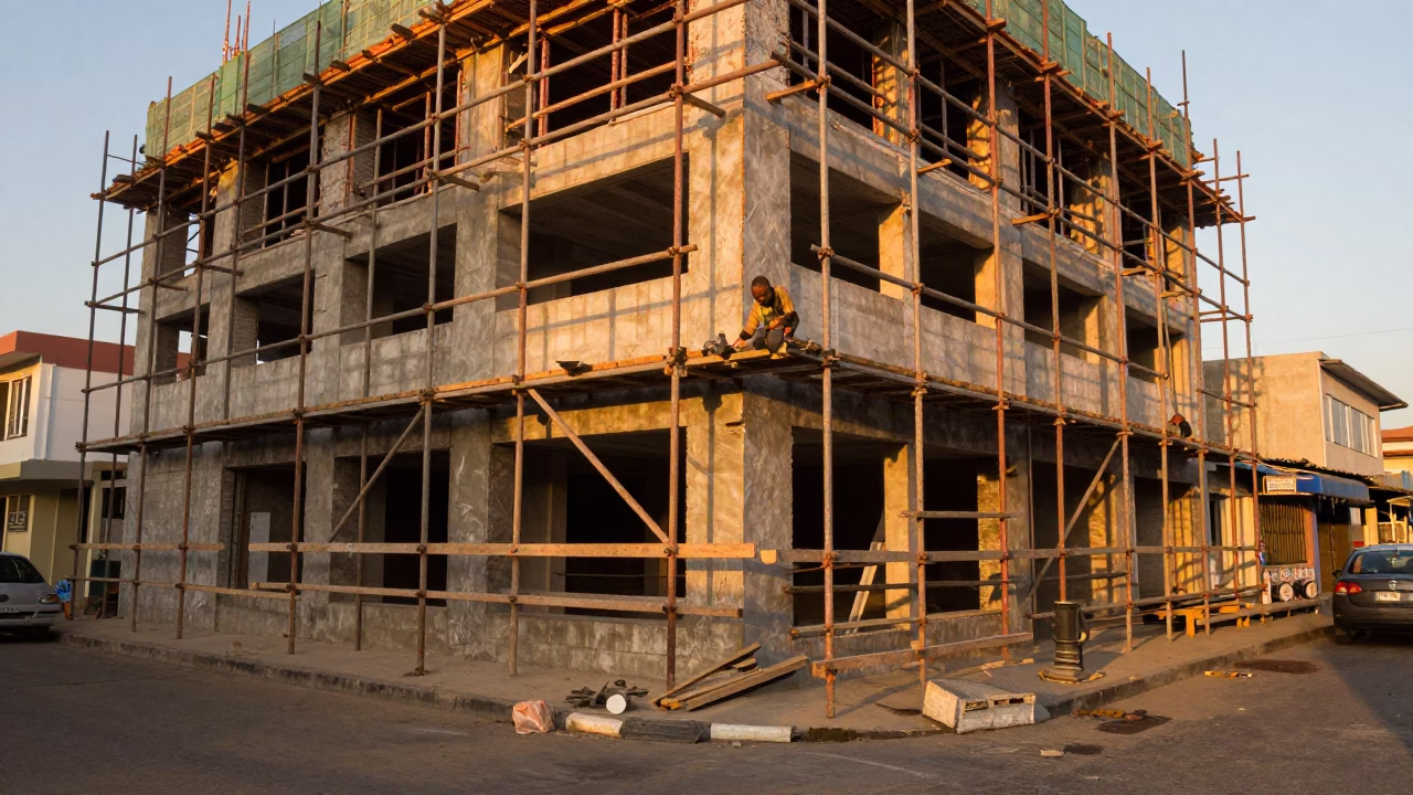 Durban South Africa Golden Hour Street Scene with Construction Scaffold and Market Basket in in Durban, South Africa