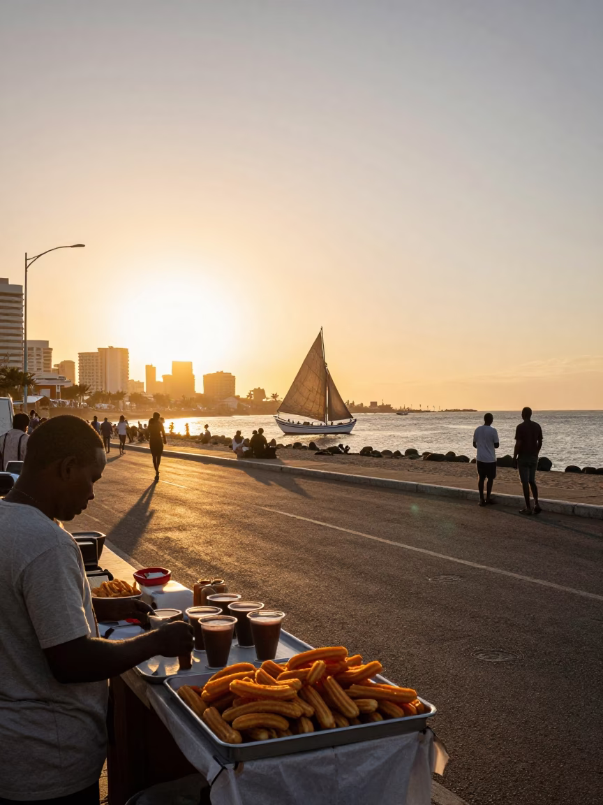 Durban South Africa Golden Hour Street Scene with Dhow Sailing at Sunset in in Durban, South Africa
