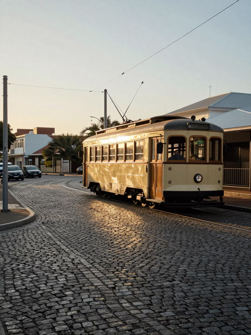 Durban South Africa Heritage Tram on Cobblestone Avenue at First Light in in Durban, South Africa