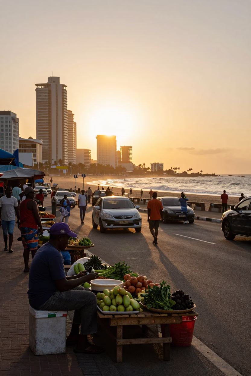 Durban South Africa Honeyed Evening Light Street Scene with Local Market Activity in in Durban, South Africa