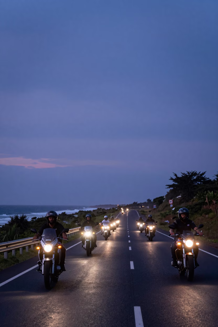 Durban South Africa indigo twilight coastal highway motorcycle convoy horizon shot in in Durban, South Africa