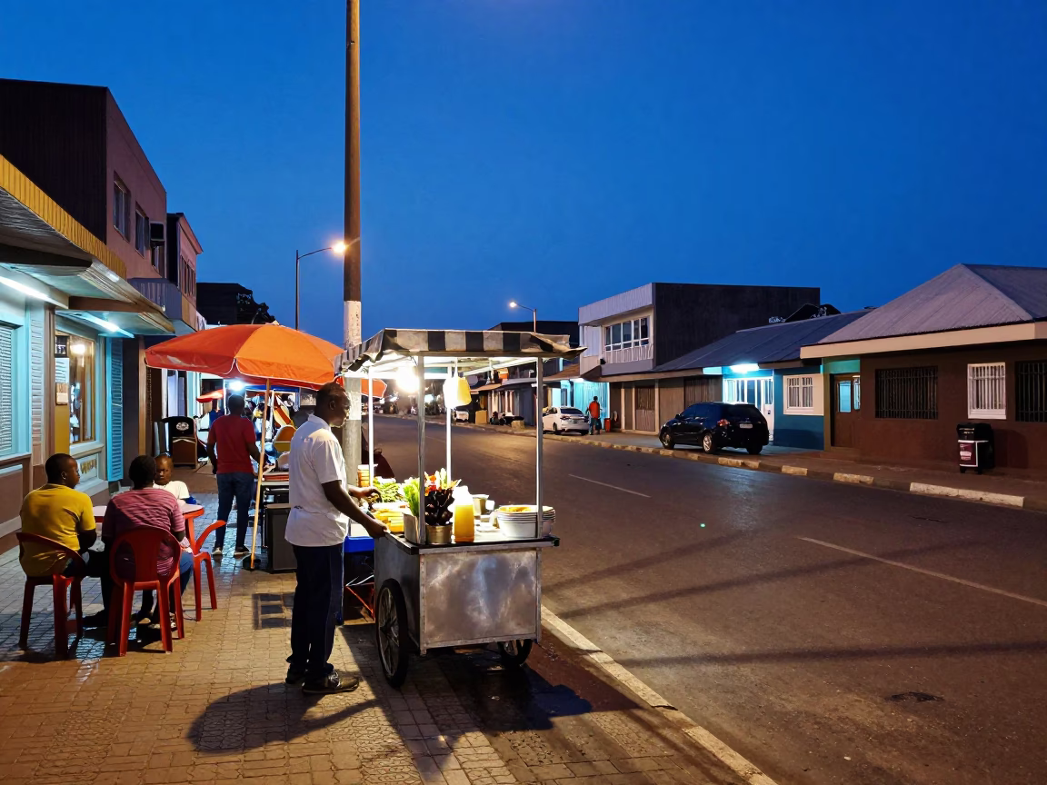 Durban South Africa indigo twilight street scene with colorful local food and natural elements in in Durban, South Africa
