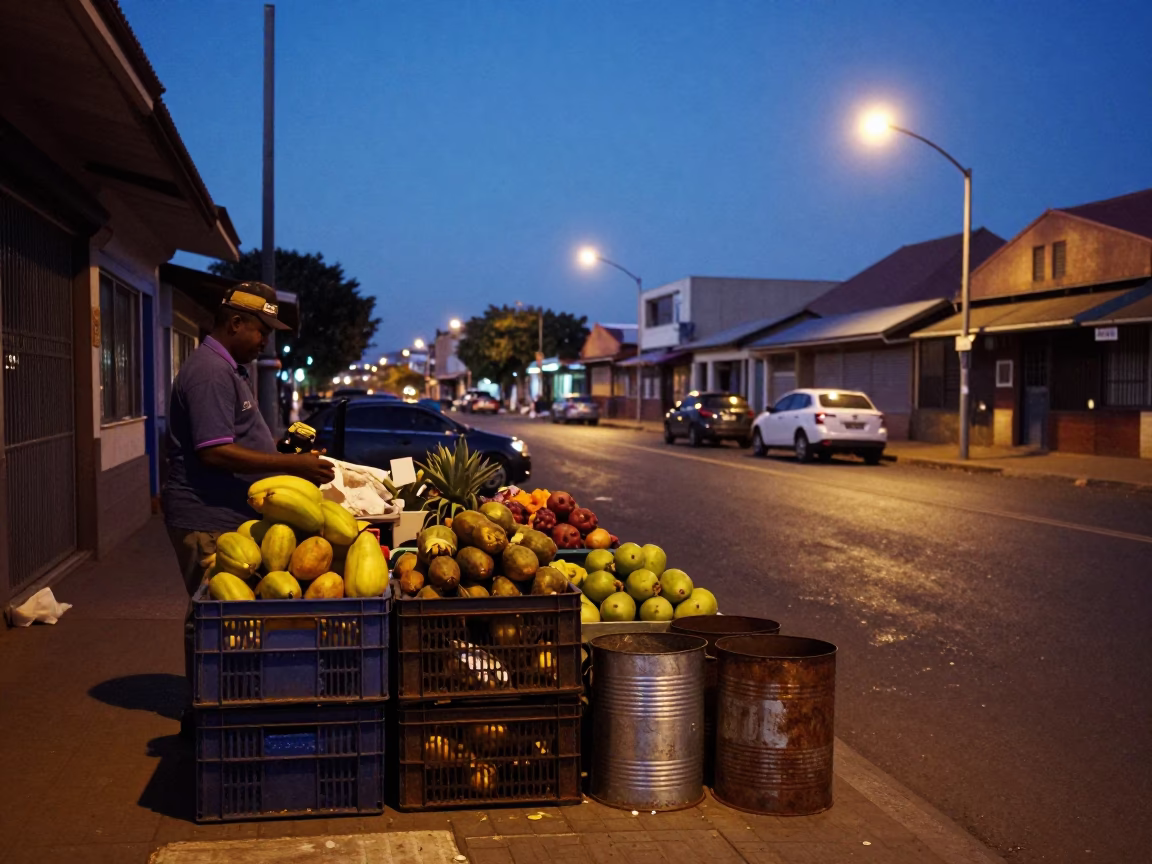 Durban South Africa indigo twilight street scene with fruit crates and storage tins in in Durban, South Africa