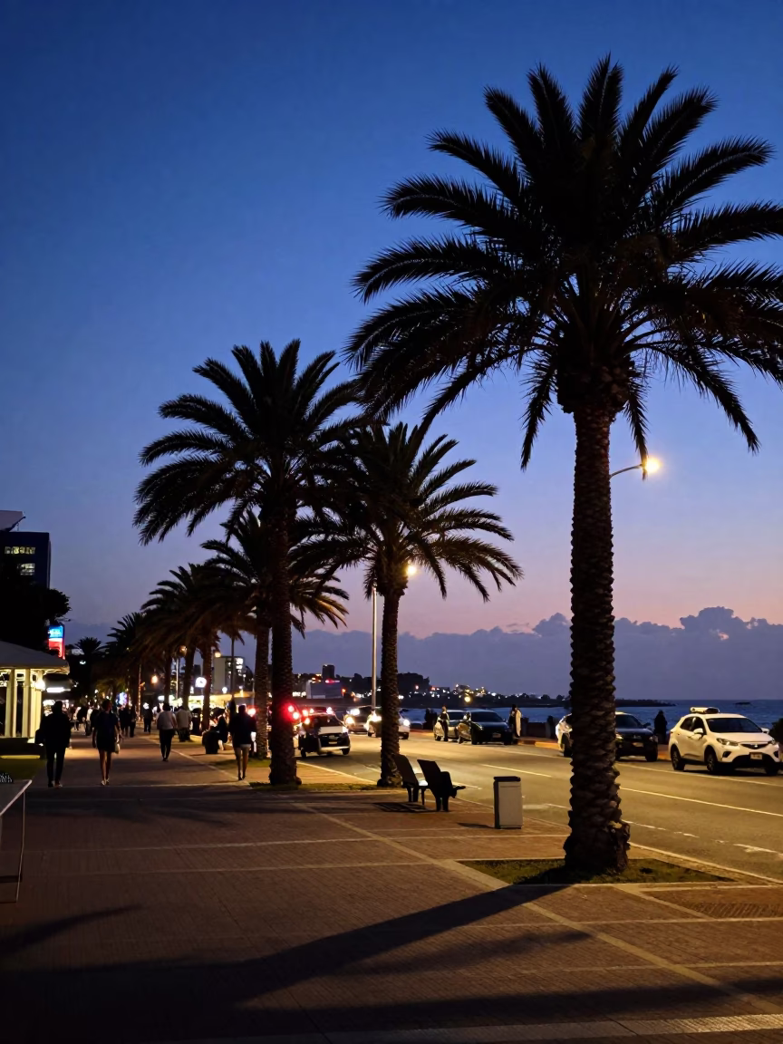 Durban South Africa Indigo Twilight Street Scene with Palm Silhouettes and Coastal Life in in Durban, South Africa