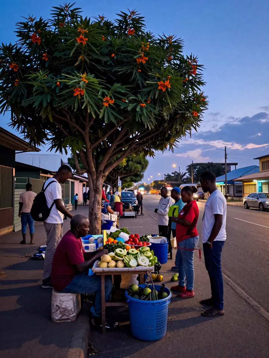Durban South Africa Indigo Twilight Street Scene with Papaya Tree and Harbor Breakwater View in in Durban, South Africa