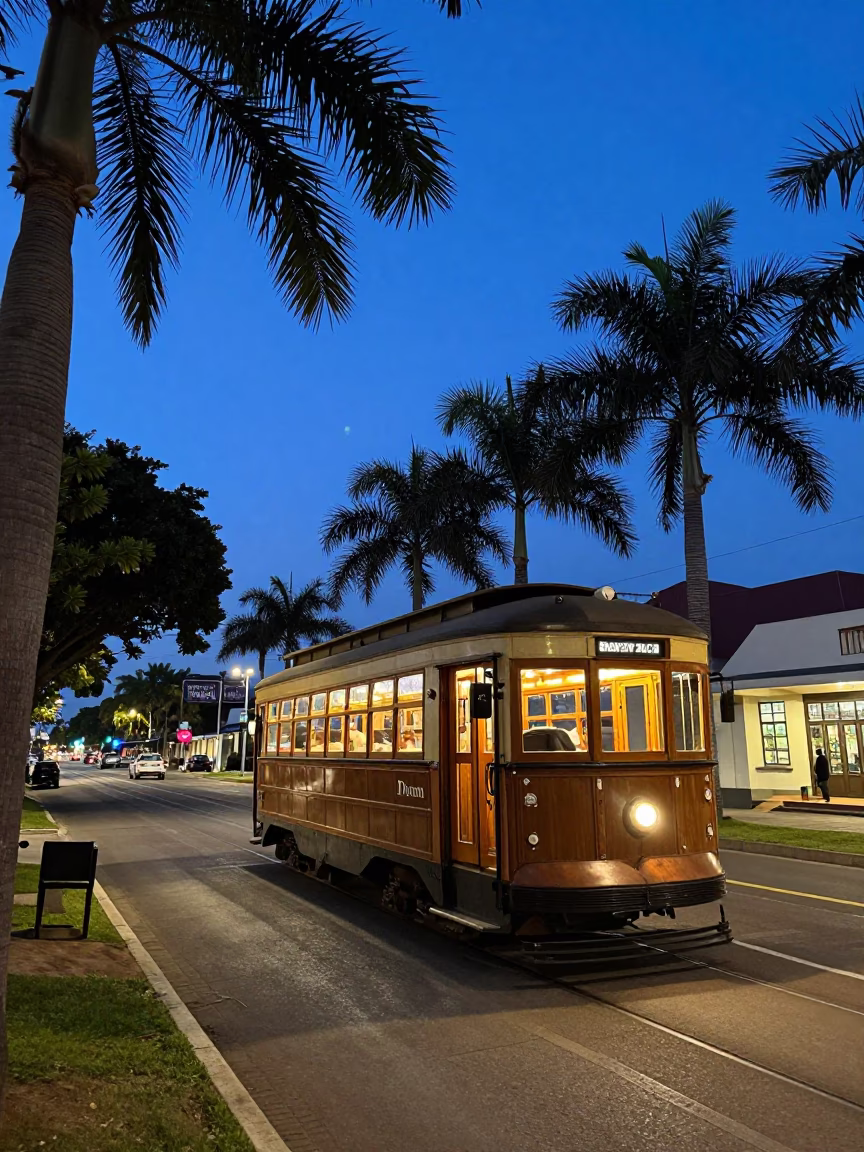 Durban South Africa Indigo Twilight Street Scene with Vintage Tramcar on Tree Lined Boulevard in in Durban, South Africa