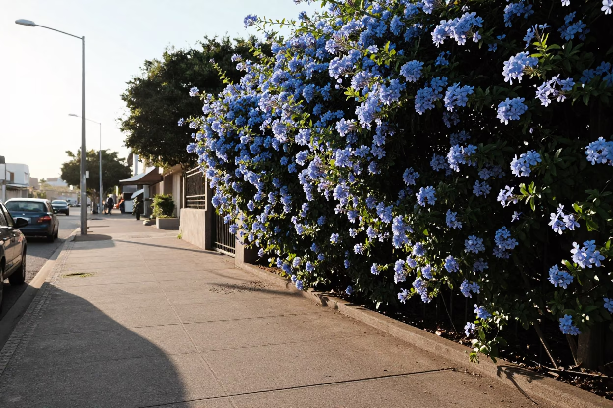 Durban South Africa Late Afternoon Plumbago Hedge and Urban Street Scene in in Durban, South Africa
