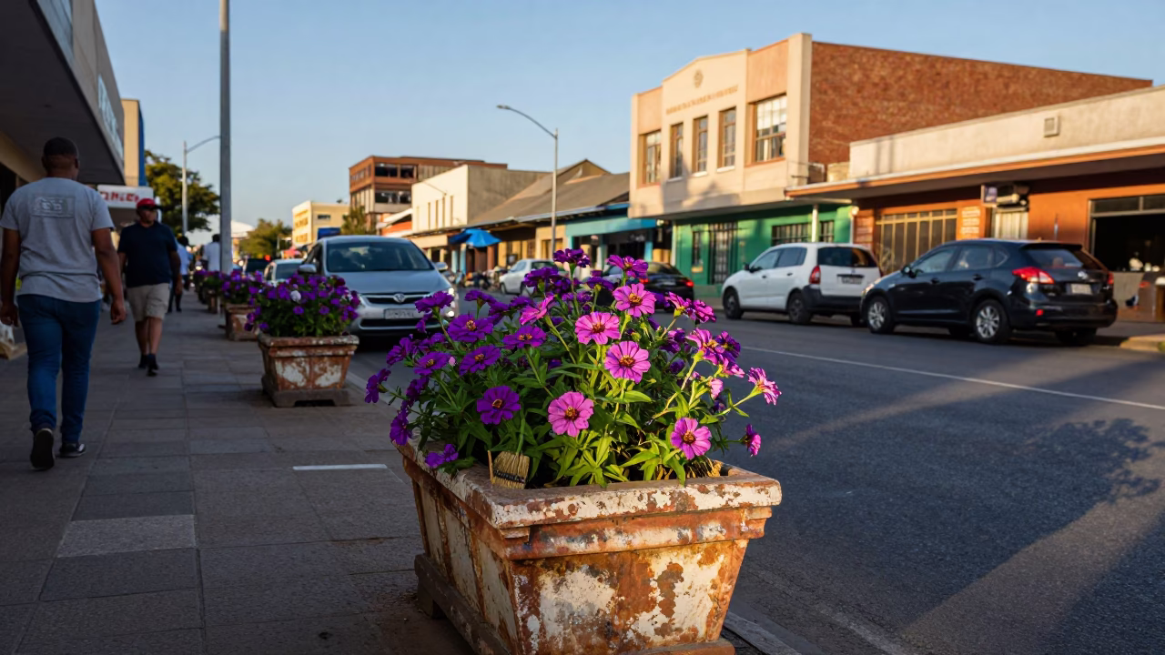 Durban South Africa Late Afternoon Street Scene With Zinnias And Brushed Steel Bench in in Durban, South Africa