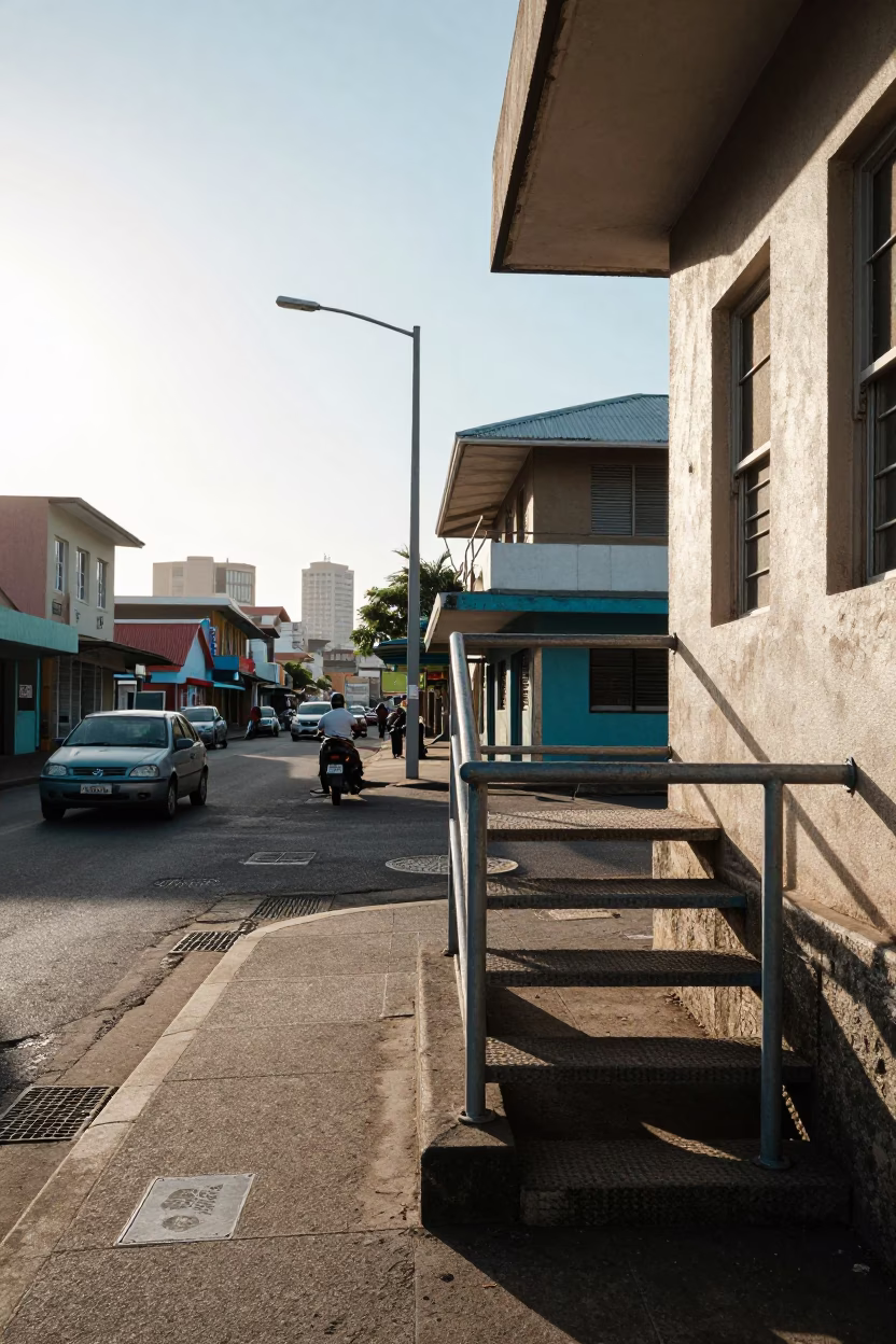 Durban South Africa Late Morning Street Scene With Stair Rail And Local Market Activity in in Durban, South Africa