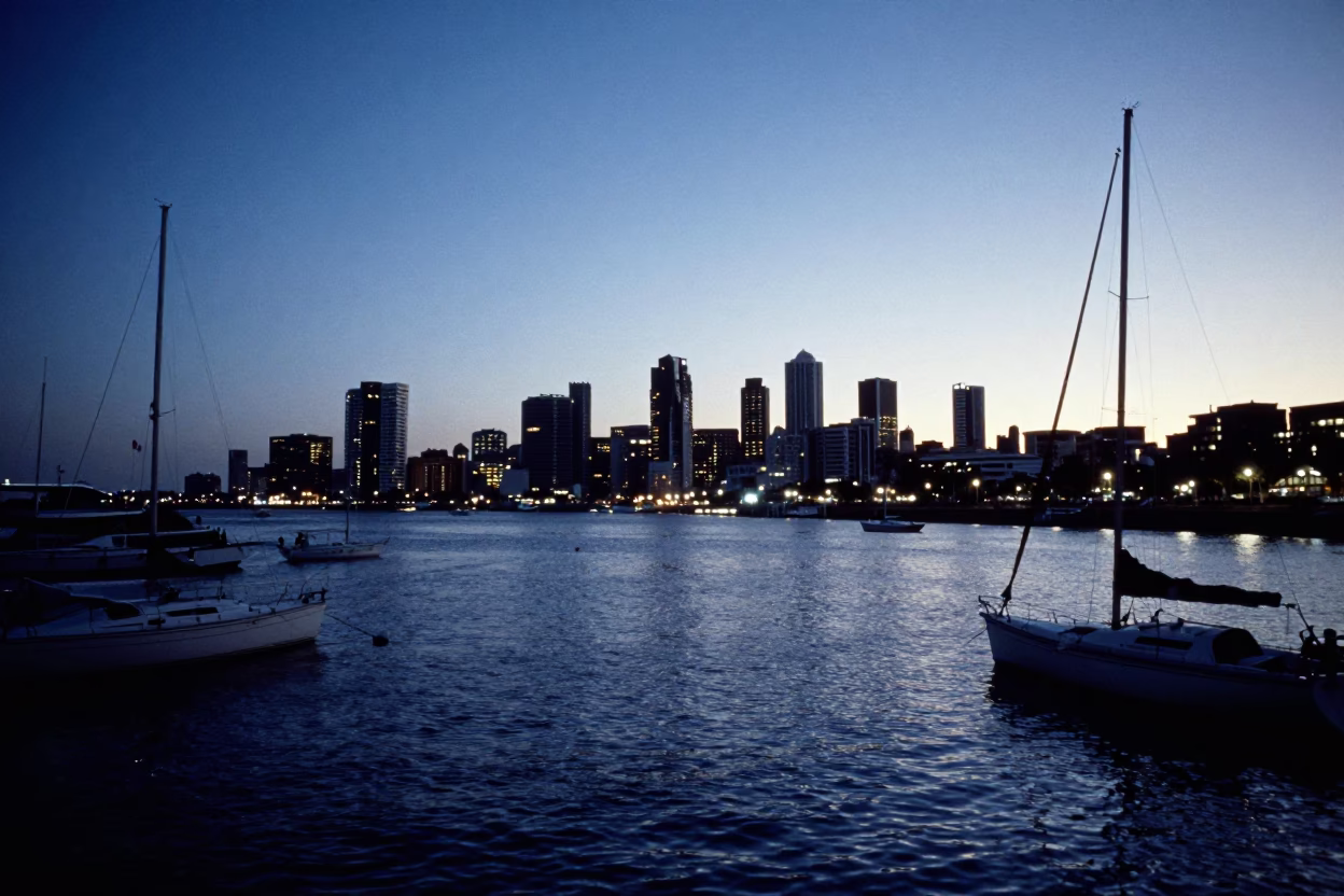 Durban South Africa Nautical Dawn Harbor Scene with Sailboats and City Skyline in in Durban, South Africa