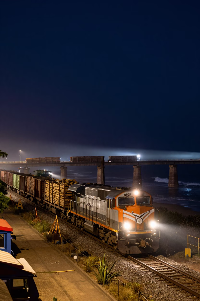 Durban South Africa Night Street Scene with Freight Train and Construction Site in in Durban, South Africa