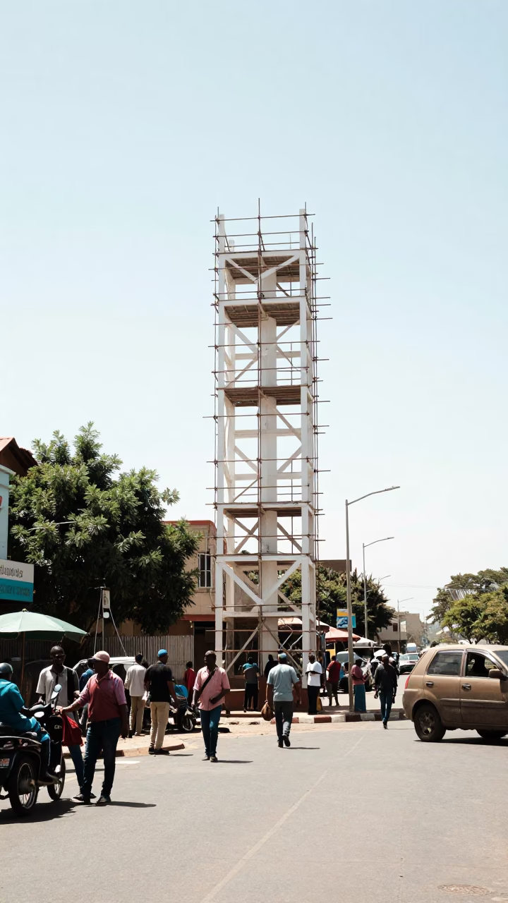 Durban South Africa Noon Street Scene with Geometric Scaffold Joints and Local Market Activity in in Durban, South Africa