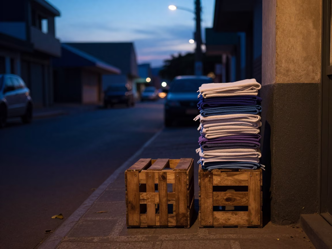 Durban South Africa Pre-Dawn Street Scene With Stacked Towels And Wooden Crate in in Durban, South Africa