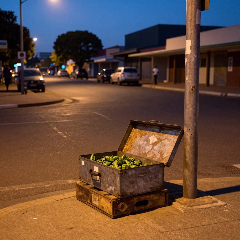 Durban South Africa Predawn Street Scene with File Box and Basil Leaves in in Durban, South Africa
