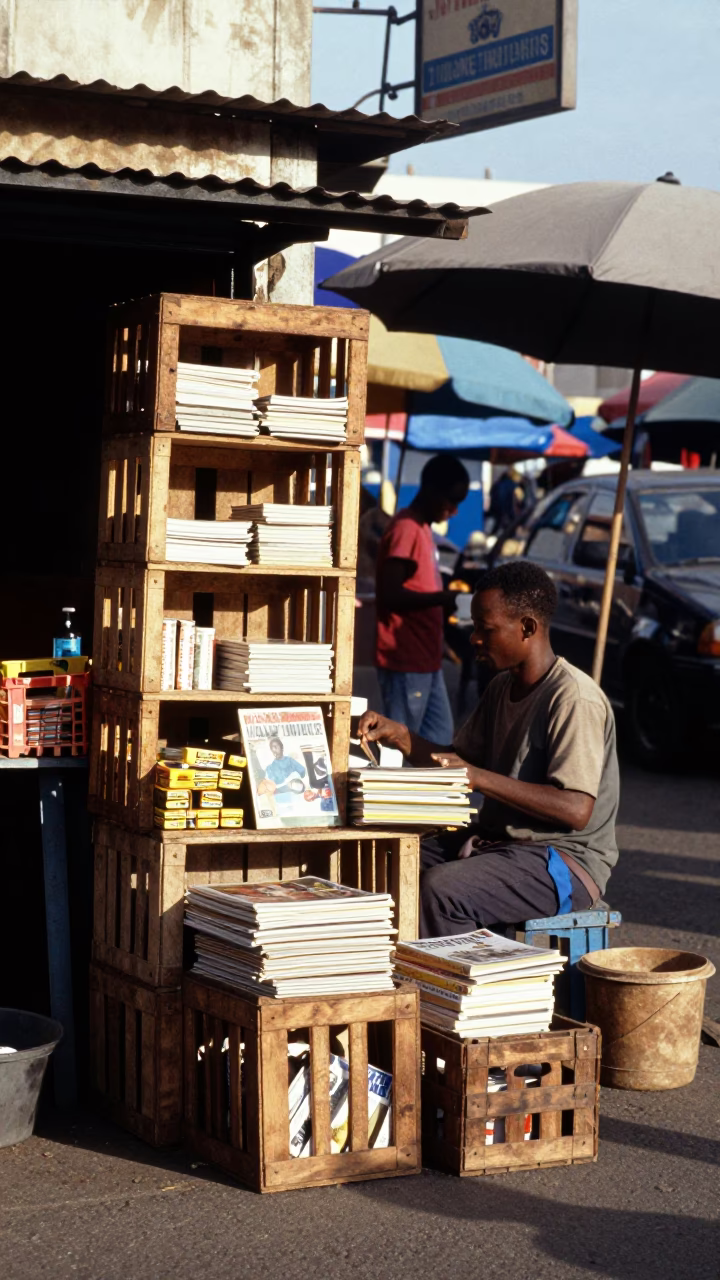 Durban South Africa Street Market Stall With Crates And Magazines In Early Afternoon Light in in Durban, South Africa