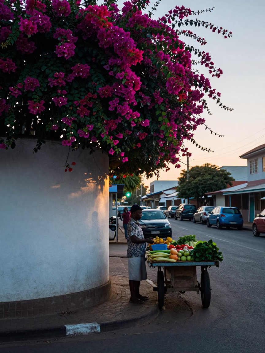Durban South Africa street scene before sunrise with bougainvillea and local commerce in in Durban, South Africa
