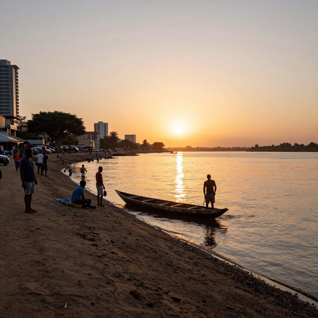 Durban South Africa Street Scene Sunset Coracle Fisherman Riverbank Activity in in Durban, South Africa