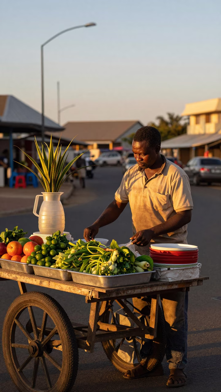 Durban South Africa street vendor evening light with plant mister and local interaction in in Durban, South Africa