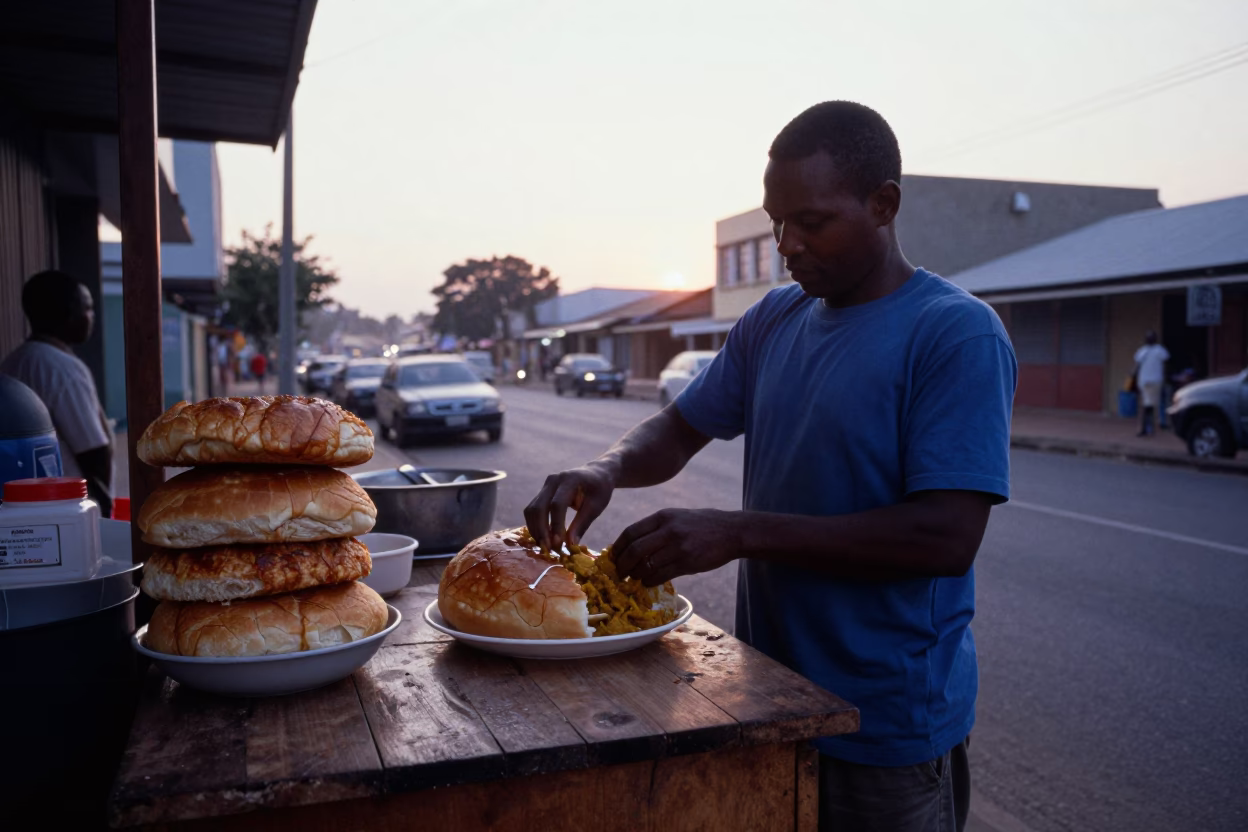 Durban South Africa Sunrise Street Scene with Bunny Chow Curry and Local Morning Activity in in Durban, South Africa