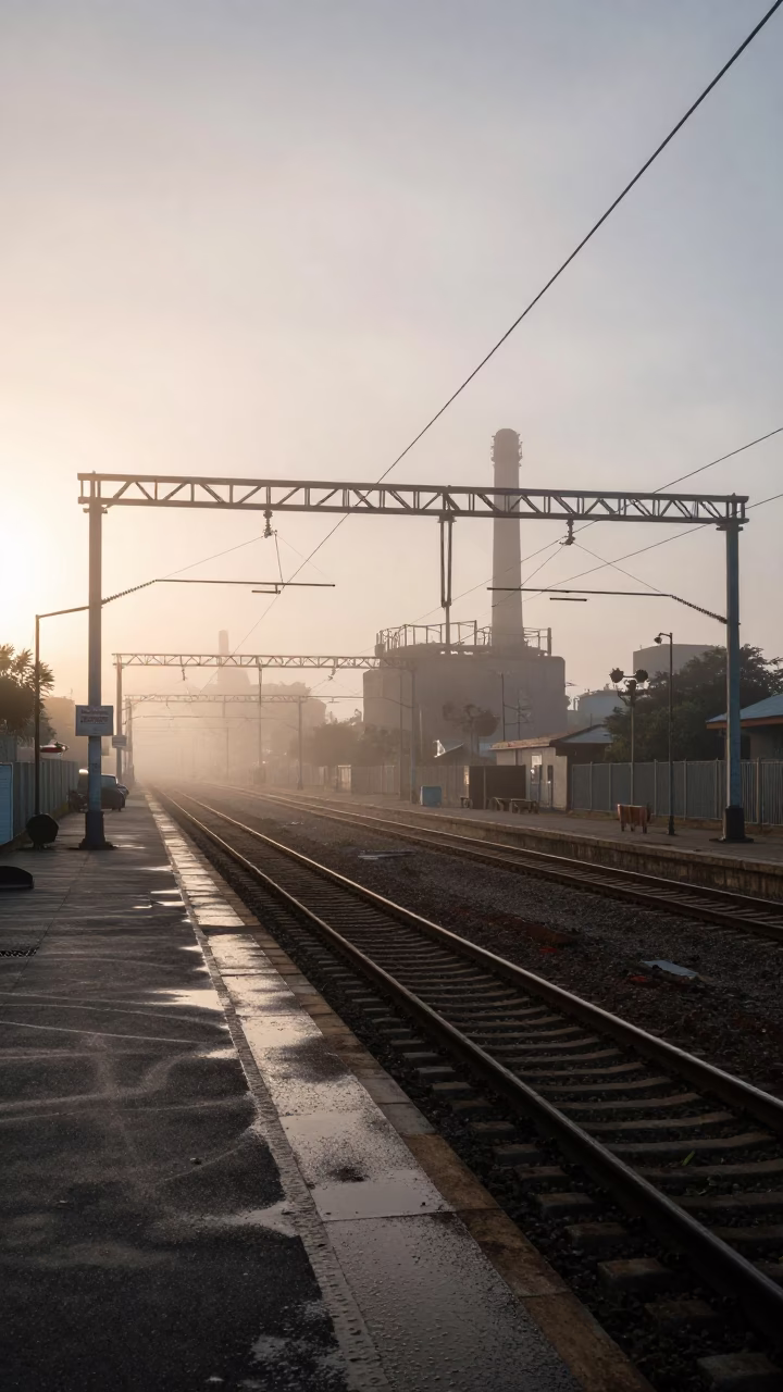 Durban South Africa Sunrise Street Scene with Rail Catenary and Industrial Fog in in Durban, South Africa