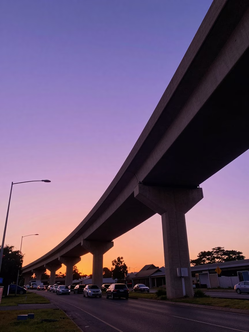 Durban South Africa Sunset Overpass Interchange Ramp Slicing Across Violet Evening Sky in in Durban, South Africa