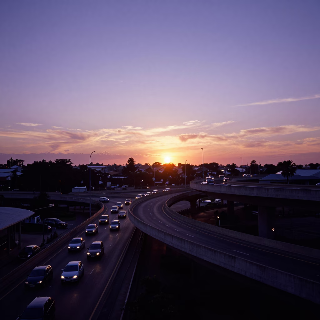 Durban South Africa Sunset Overpass Interchange Violet Sky Evening Street Scene in in Durban, South Africa