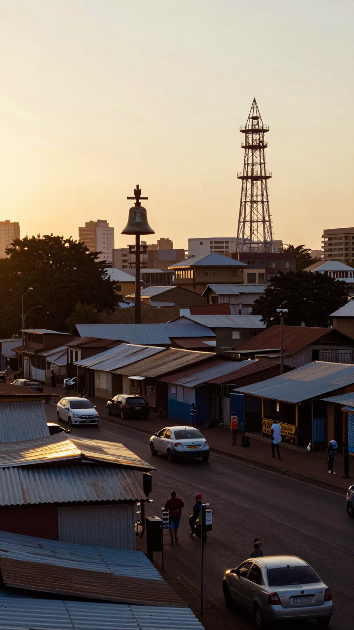 Durban South Africa Sunset Street Scene with Bell and Lattice Tower in in Durban, South Africa