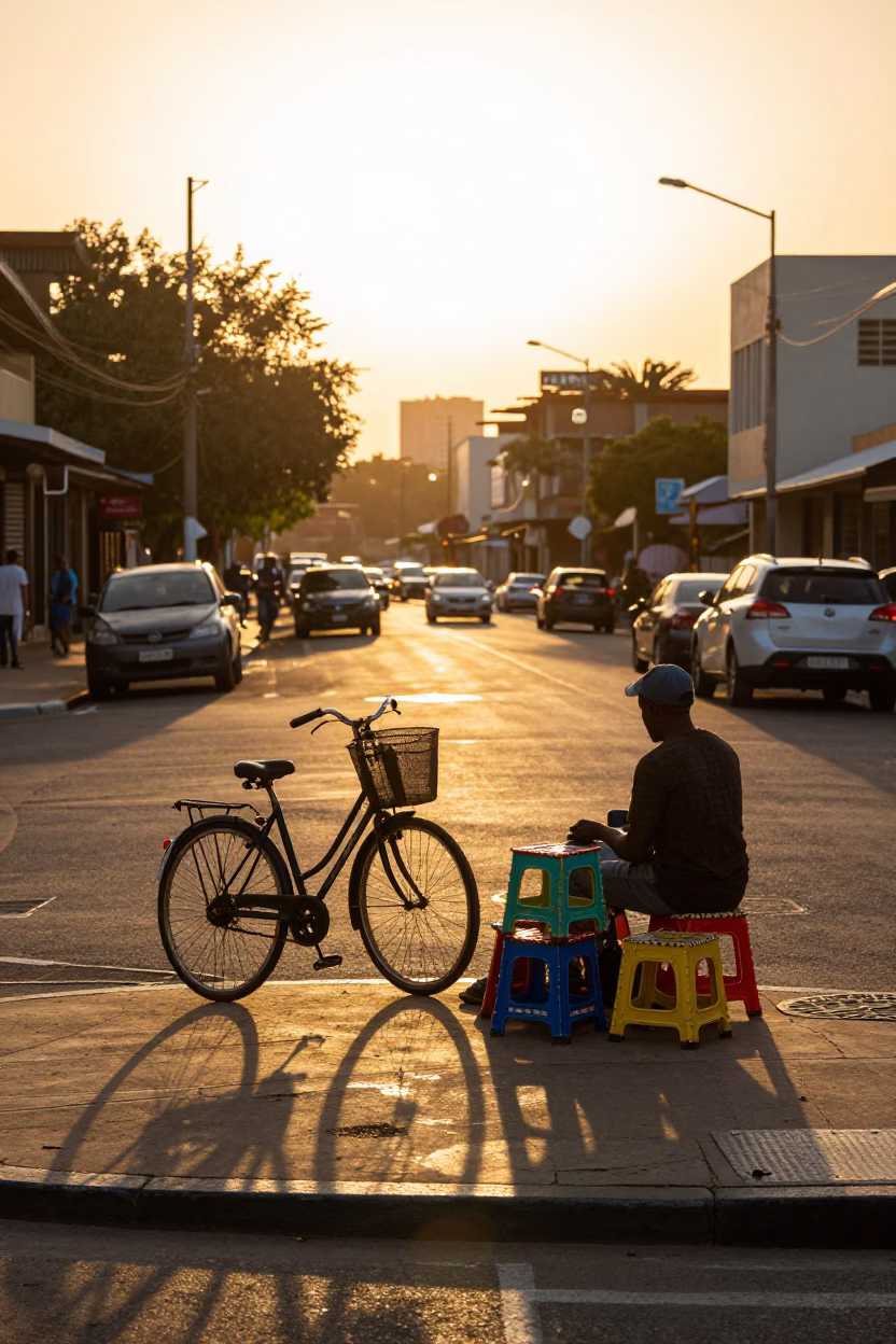 Durban South Africa Sunset Street Scene with Bicycle Basket and Folding Stools in in Durban, South Africa