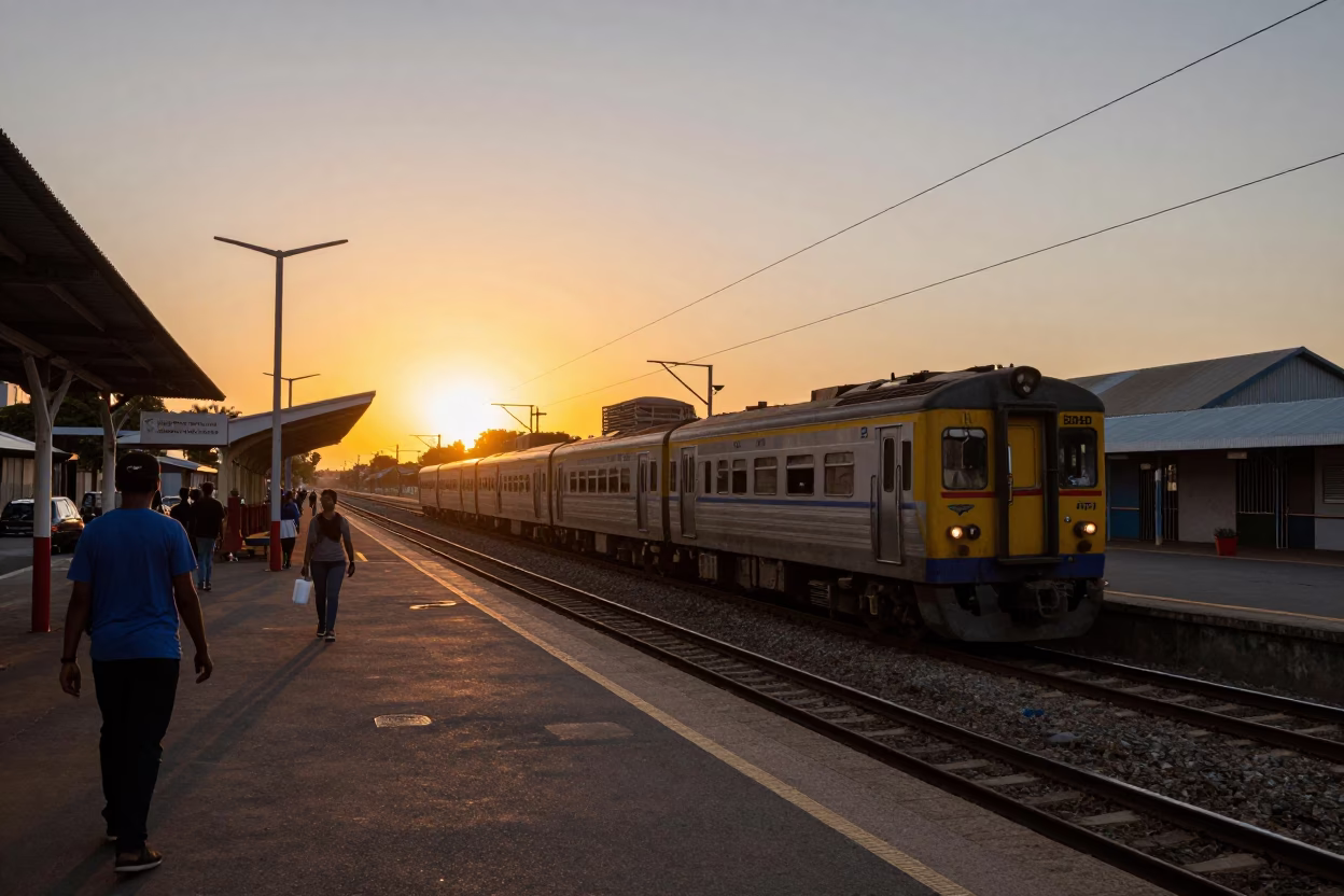 Durban South Africa Sunset Street Scene with Commuter Train and Local Food Vendor in in Durban, South Africa