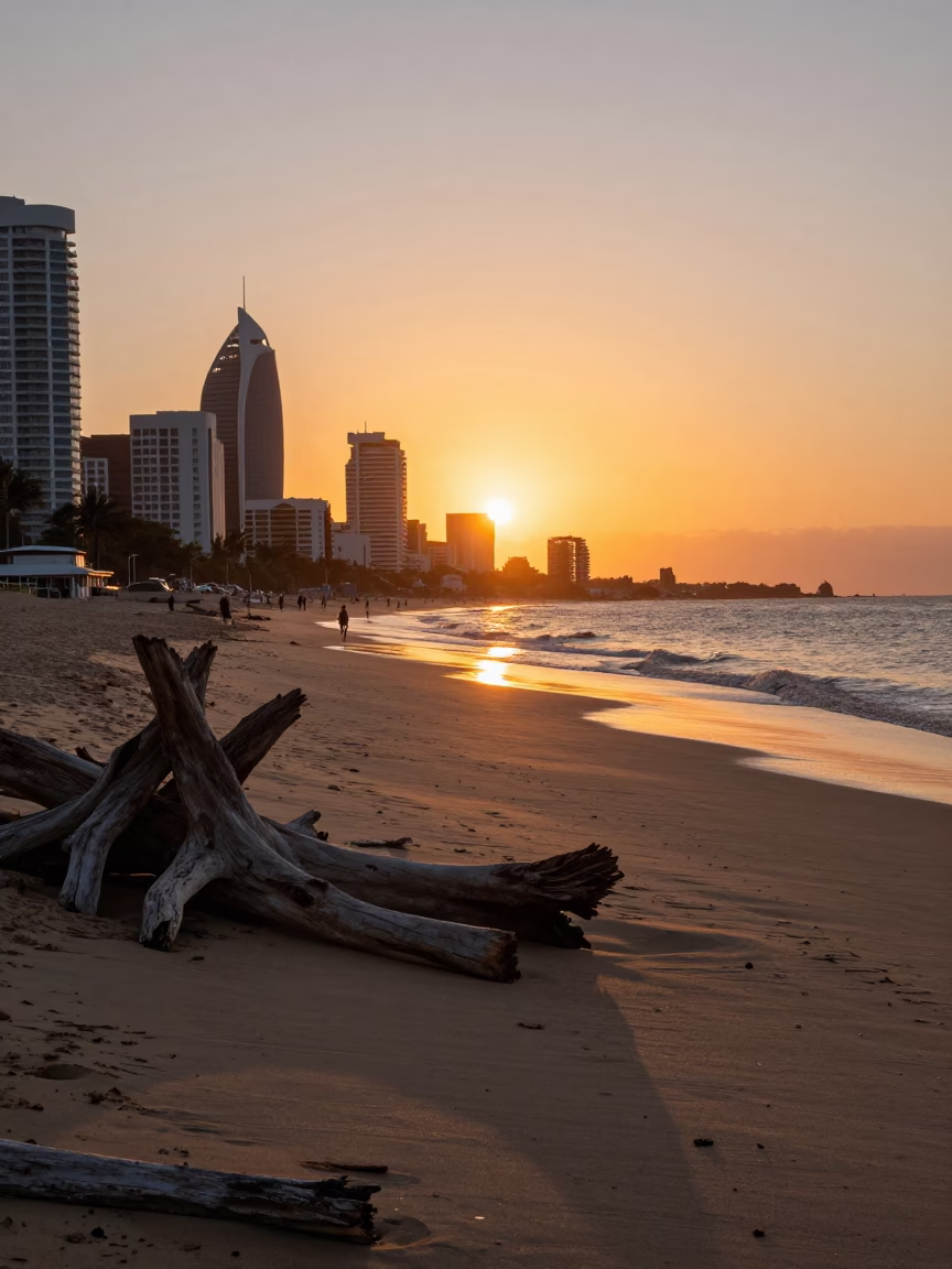 Durban South Africa Sunset Street Scene with Driftwood and Local Life in in Durban, South Africa