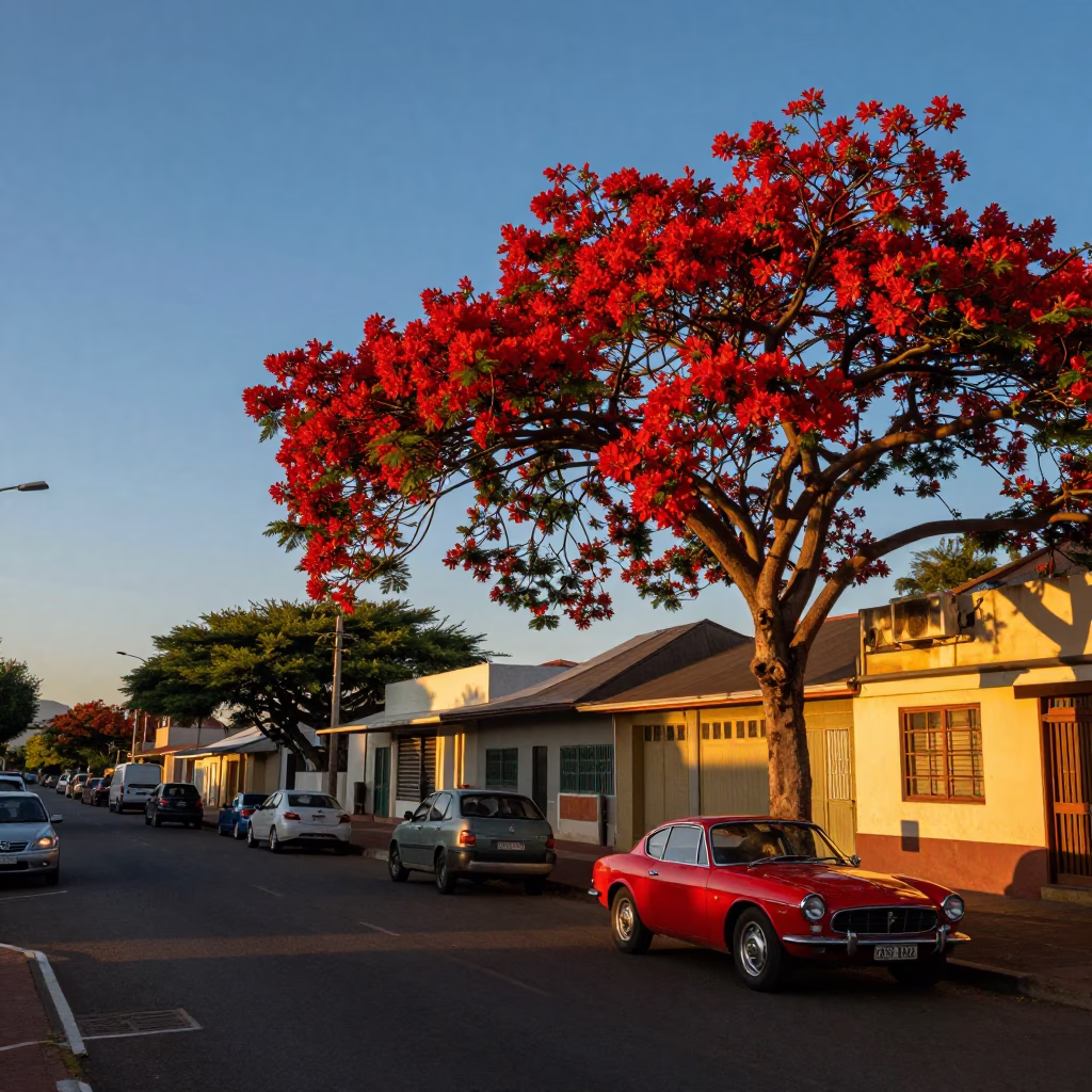 Durban South Africa Sunset Street Scene with Flame Tree and Vintage Car in in Durban, South Africa