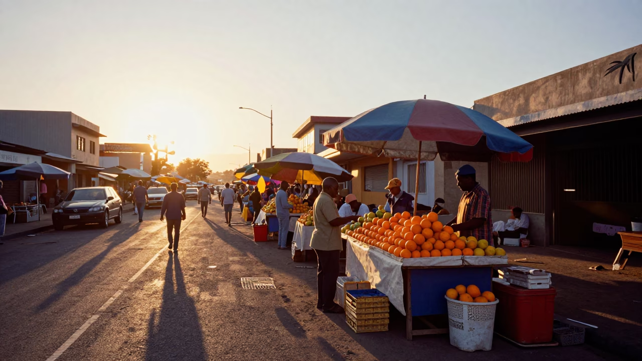 Durban South Africa Sunset Street Scene with Local Market Activity in in Durban, South Africa