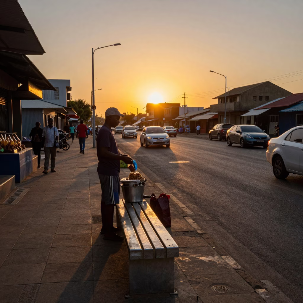 Durban South Africa Sunset Street Scene with Local Snacks and Steel Bench in in Durban, South Africa