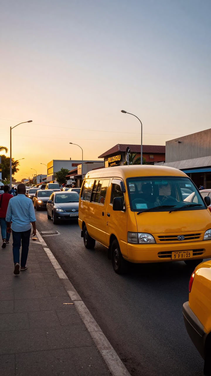 Durban South Africa Sunset Street Scene with Yellow Taxi and Busy Traffic in in Durban, South Africa