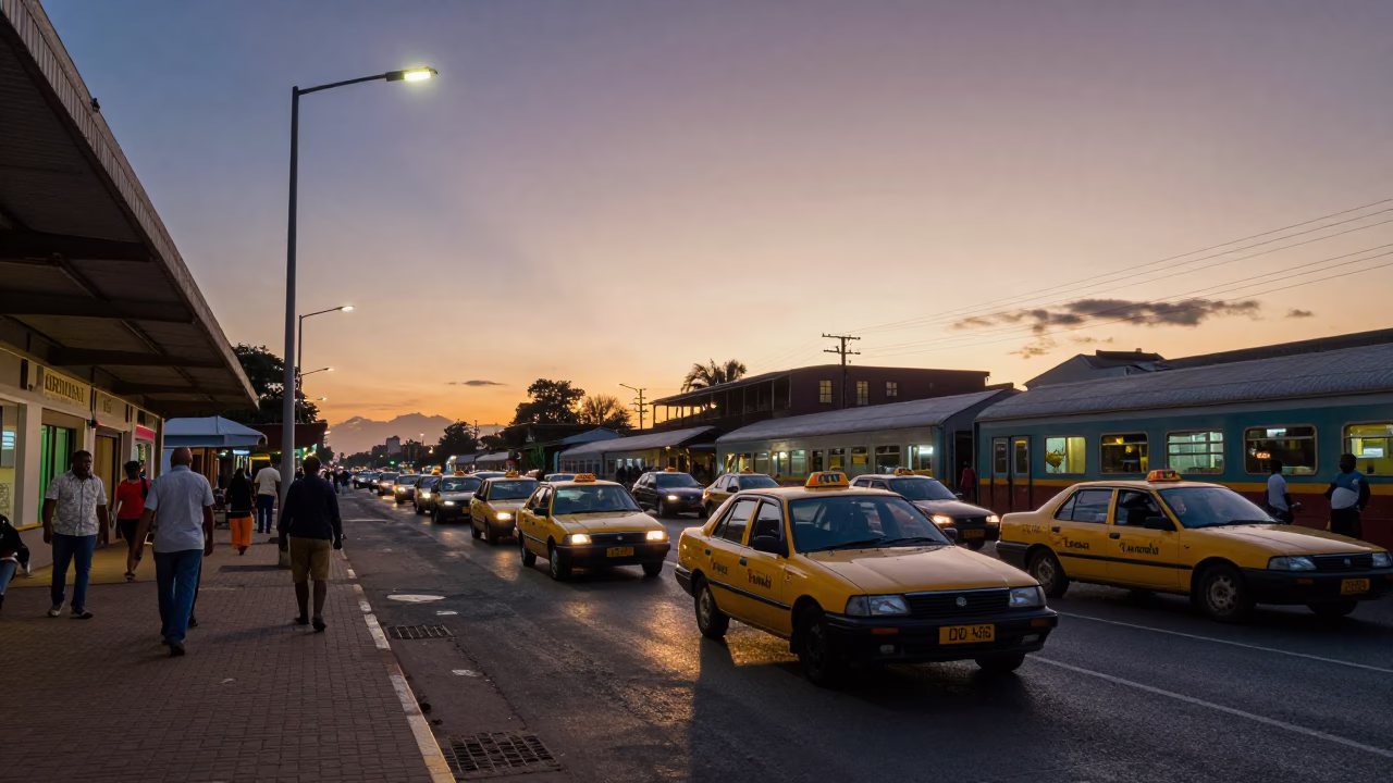 Durban South Africa Taxi Rank Sunset Twilight Street Scene 1980s Realism in in Durban, South Africa