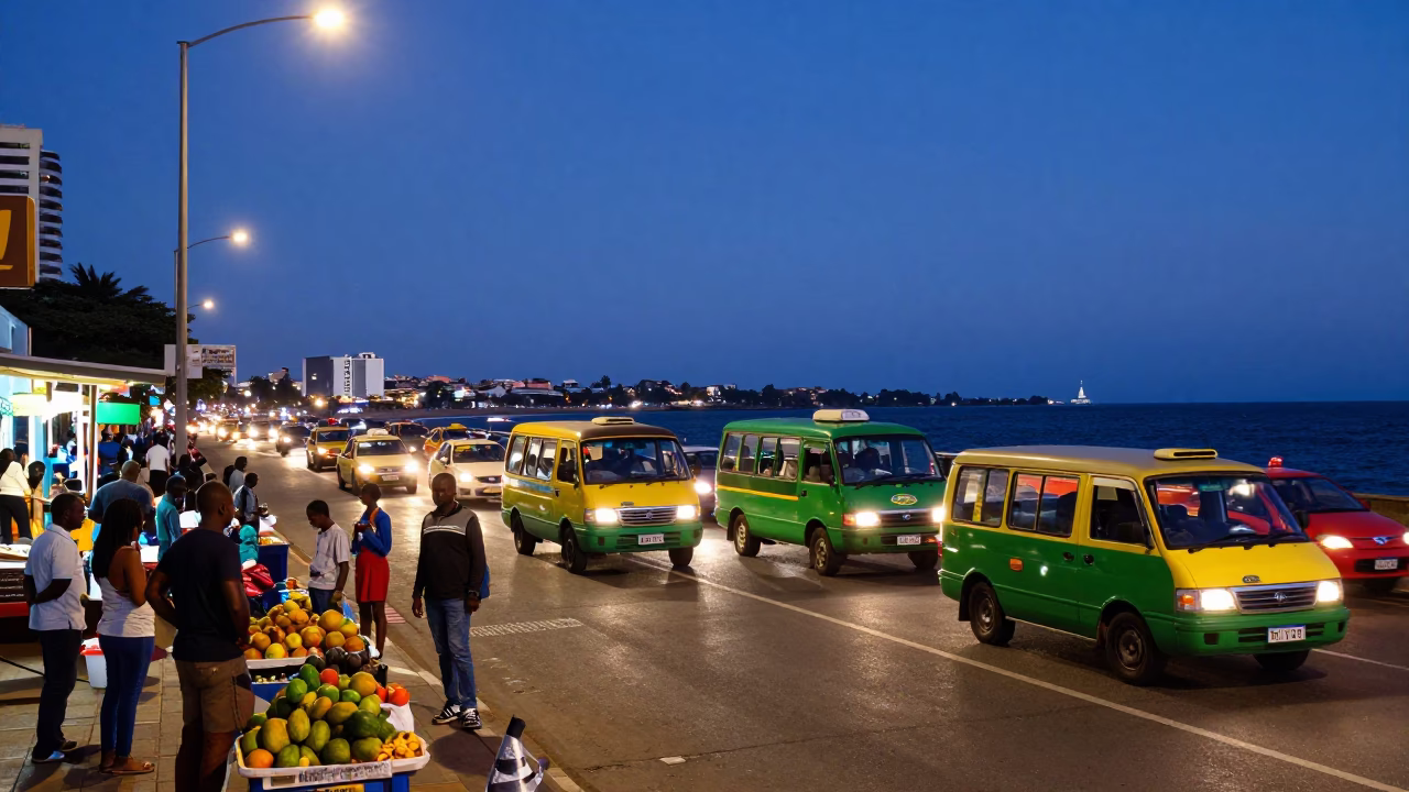 Durban South Africa Twilight Street Scene with Colorful Taxis and Coastal Ambience in in Durban, South Africa