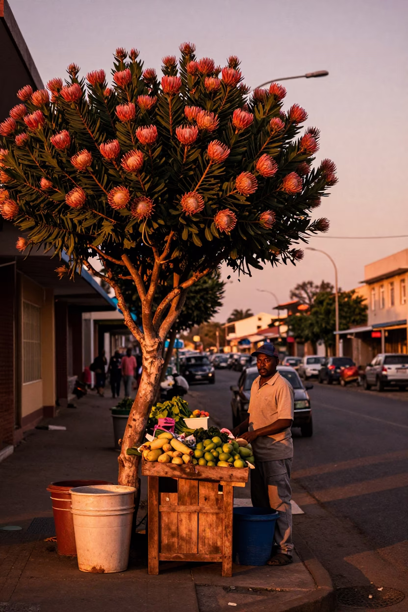 Durban Street Corner at Dusk with Protea King Bloom and Local Market Activity in in Durban, South Africa