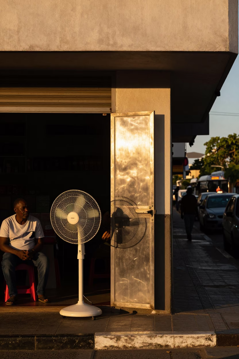 Durban Street Corner Evening Light with Table Fan and Brushed Steel Doorframe in in Durban, South Africa