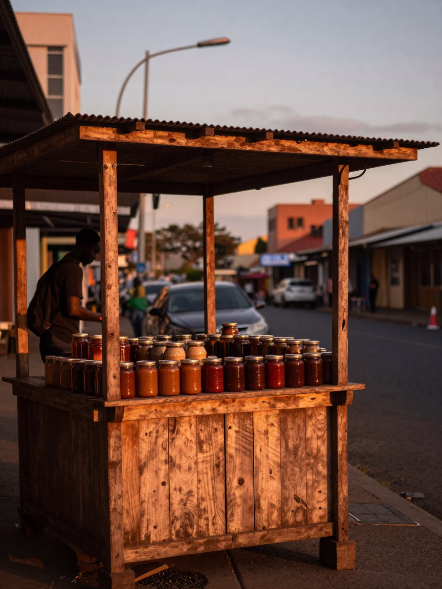 Durban Street Corner in Copper Toned Light Before Dusk with Local Commerce in in Durban, South Africa