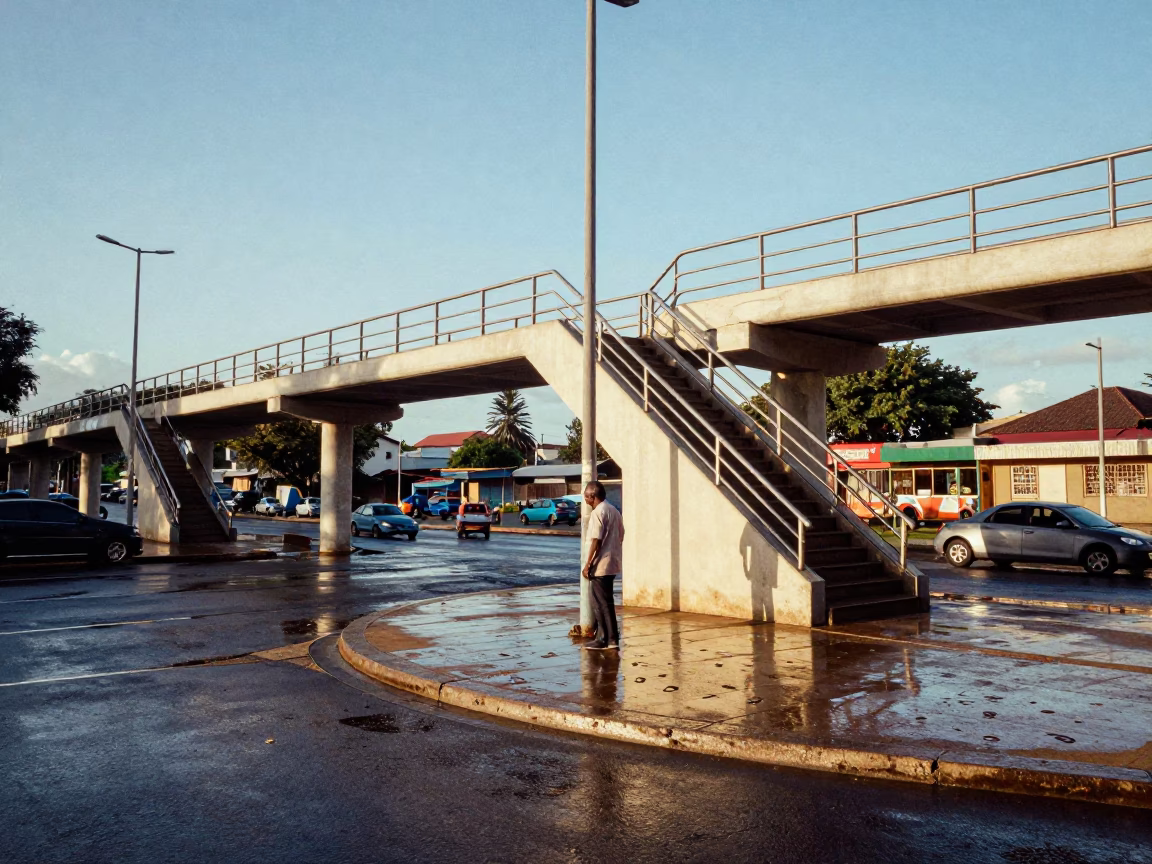 Durban street corner late afternoon pedestrian overpass with wet footsteps and cooler jug in in Durban, South Africa