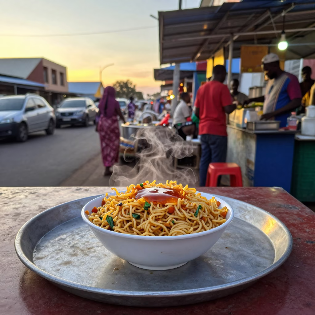 Durban street food stall with thieboudienne bowl in honeyed evening light in in Durban, South Africa