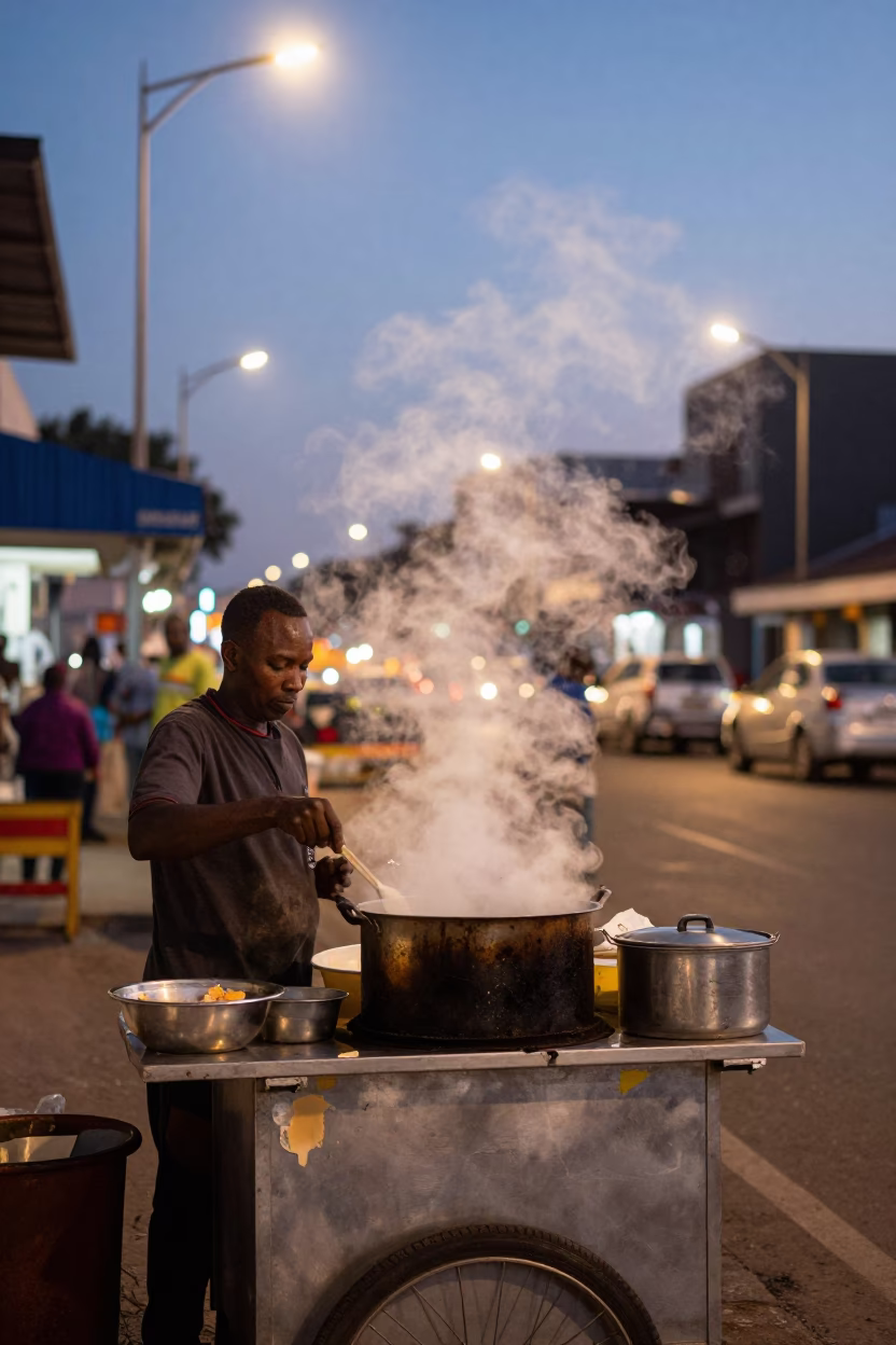 Durban Street Food Vendor at Dusk with Steam and City Lights in in Durban, South Africa