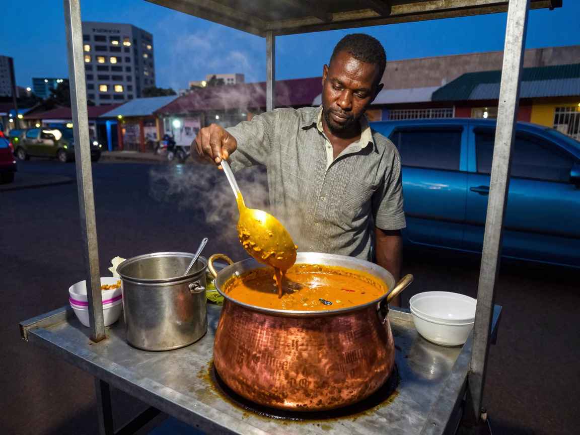Durban street food vendor preparing Indian curry in copper bowls under evening city lights in in Durban, South Africa