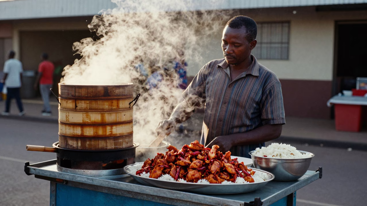 Durban street food vendor selling spicy chicken and rice at sunset with bamboo steamers in in Durban, South Africa