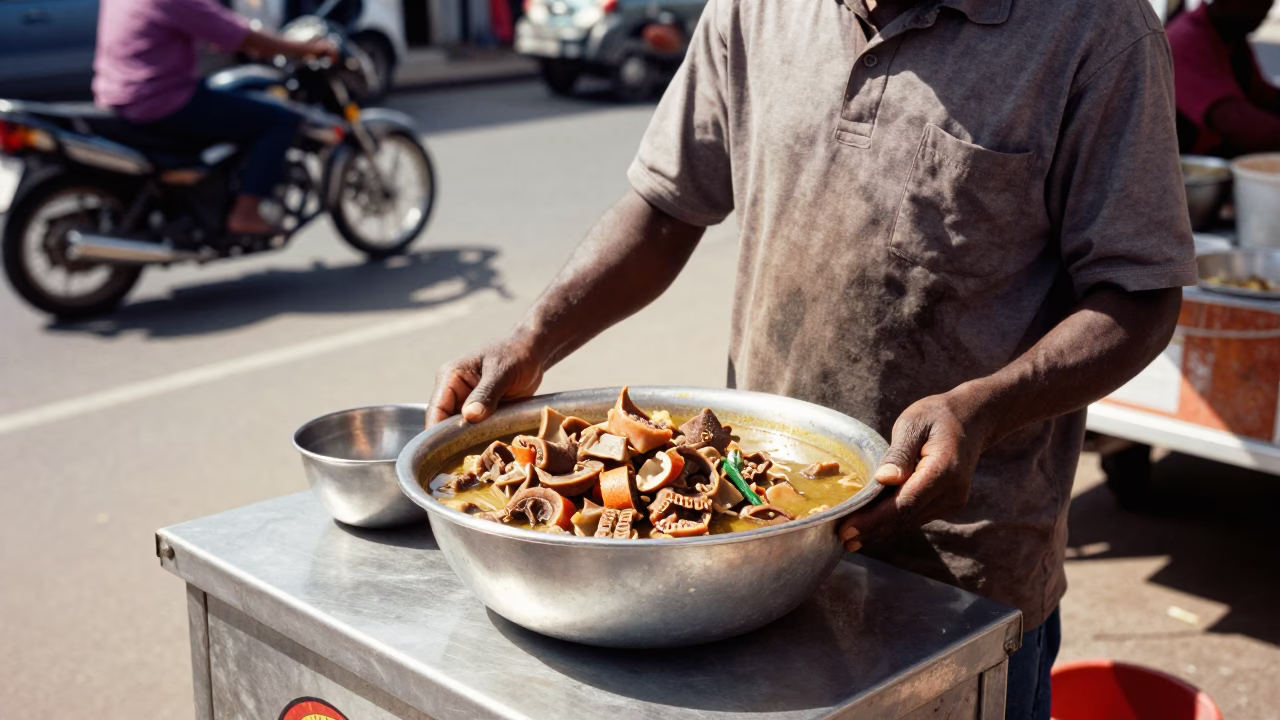 Durban Street Food Vendor Serving Kuyrdak Stew in Bright Midmorning Light in in Durban, South Africa