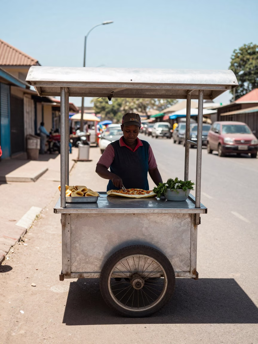 Durban Street Food Vendor Serving Lahmacun with Herbs Under Harsh Noon Sun in in Durban, South Africa